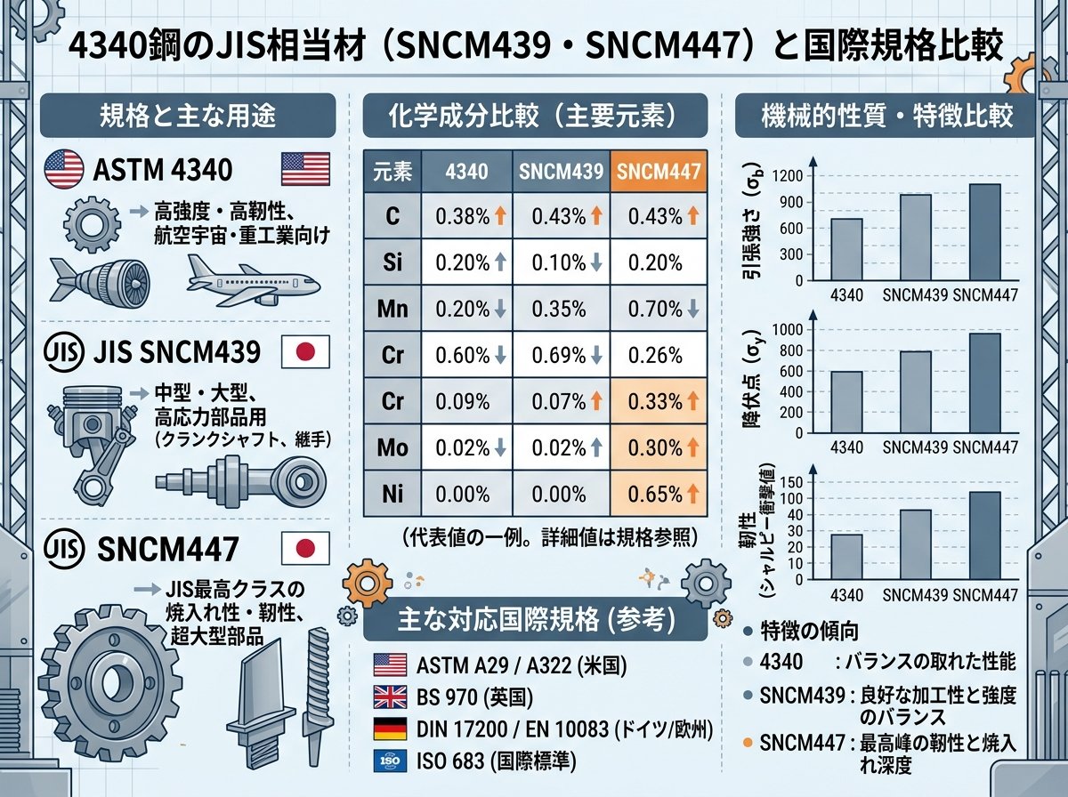 4340鋼のJIS相当材(SNCM439・SNCM447)と国際規格比較