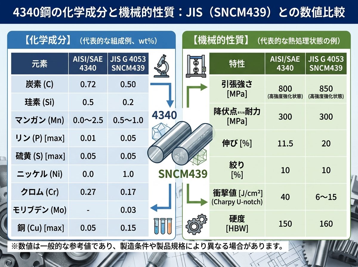4340鋼の化学成分と機械的性質:JIS(SNCM439)との数値比較