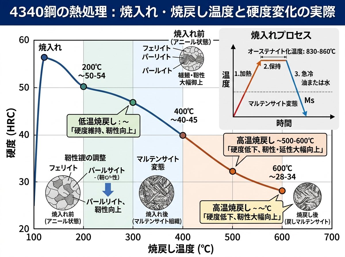 4340鋼の熱処理:焼入れ・焼戻し温度と硬度変化の実際