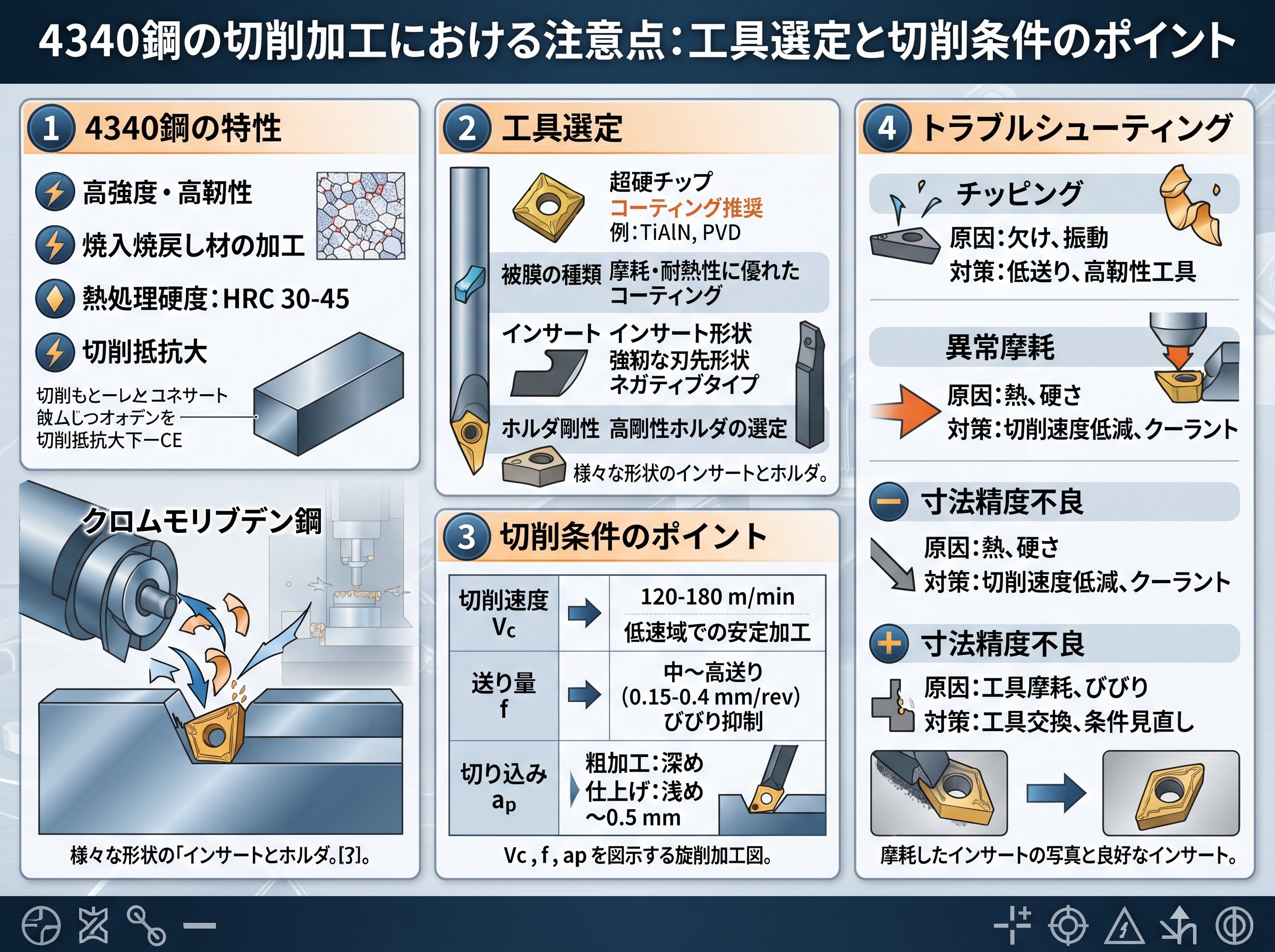 4340鋼の切削加工における注意点:工具選定と切削条件のポイント