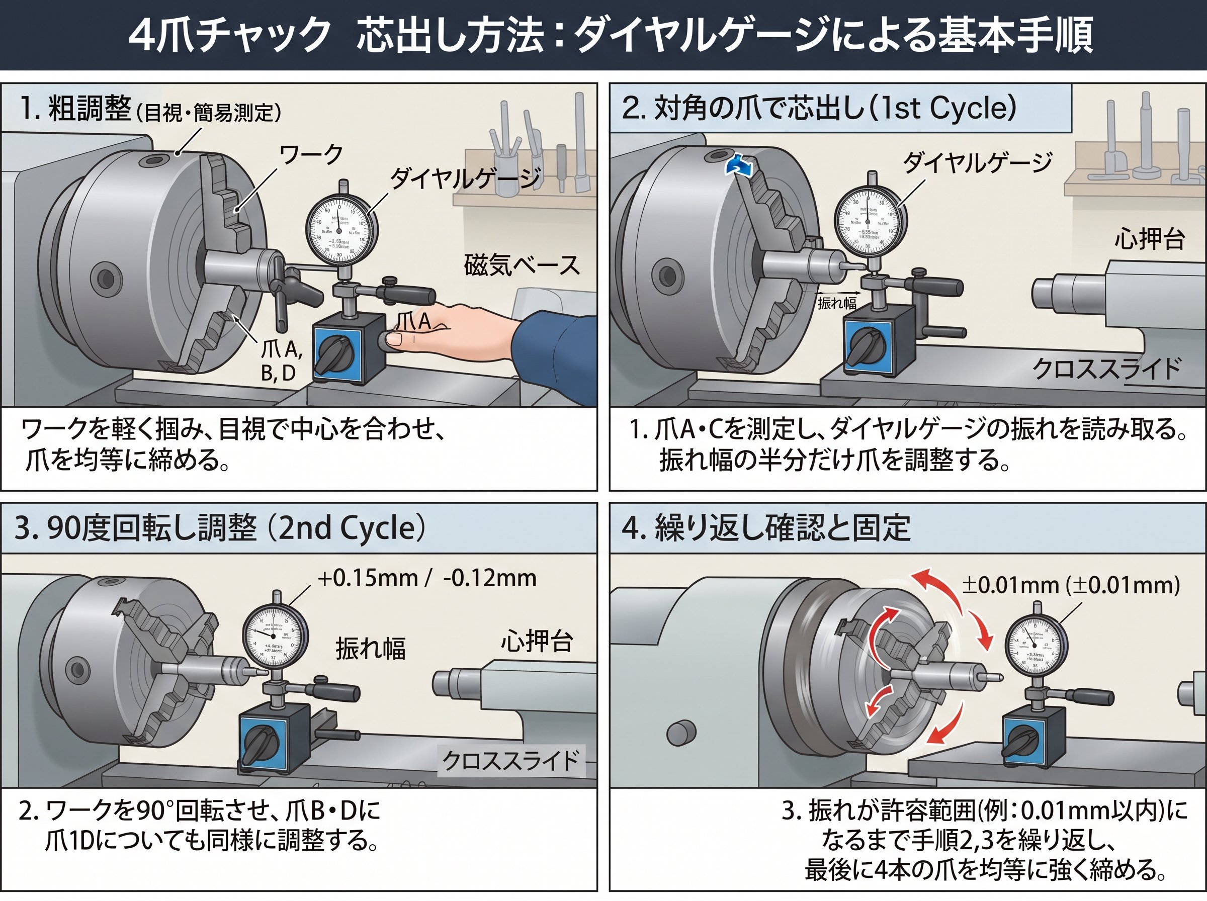 4爪チャック 芯出し 方法 ダイヤルゲージ 基本手順