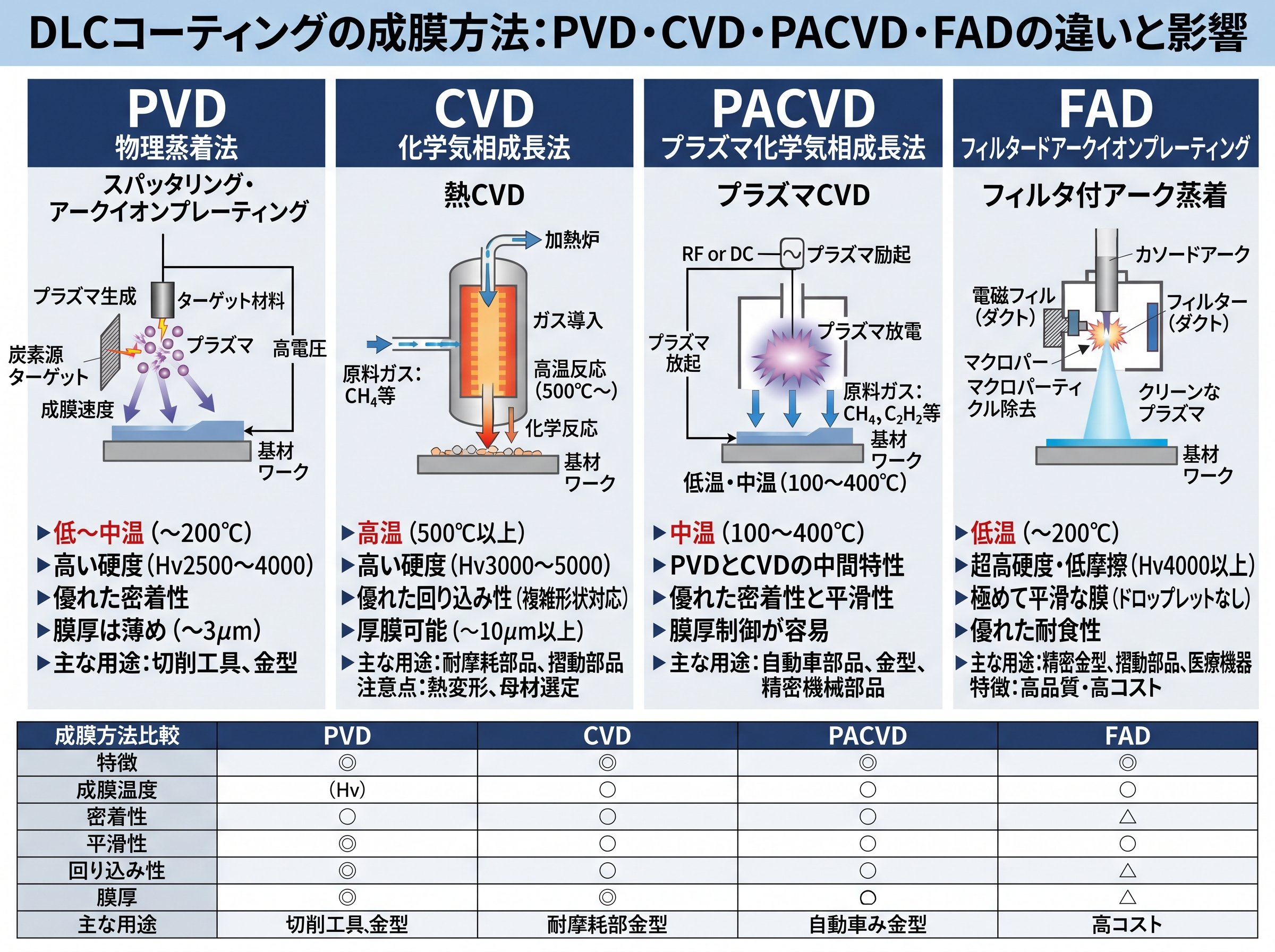 DLCコーティングの成膜方法：PVD・CVD・PACVD・FADの違いと影響