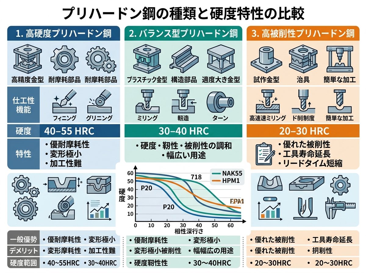 プリハードン鋼の種類と硬度特性の比較