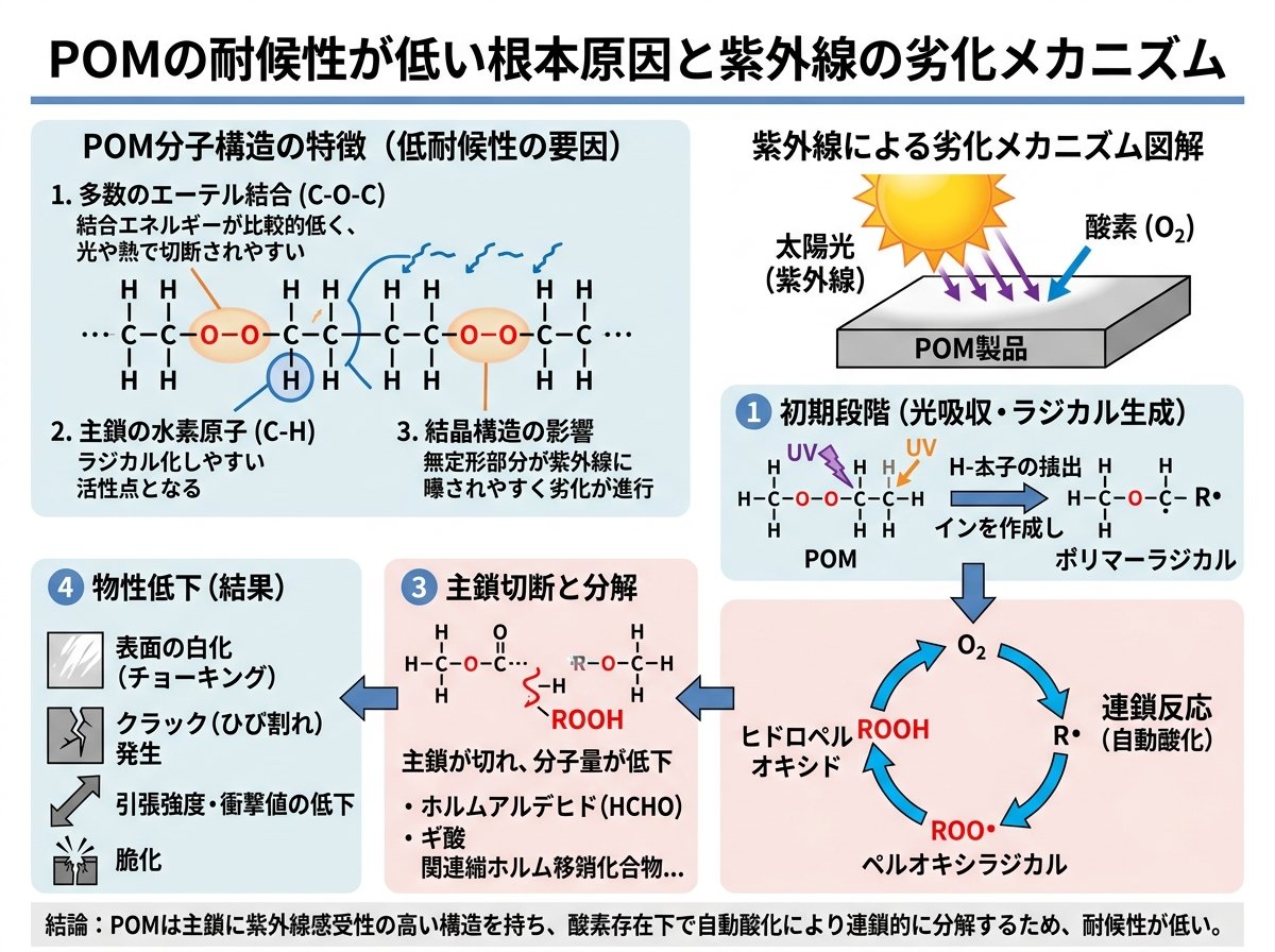 POMの耐候性が低い根本原因と紫外線の劣化メカニズム