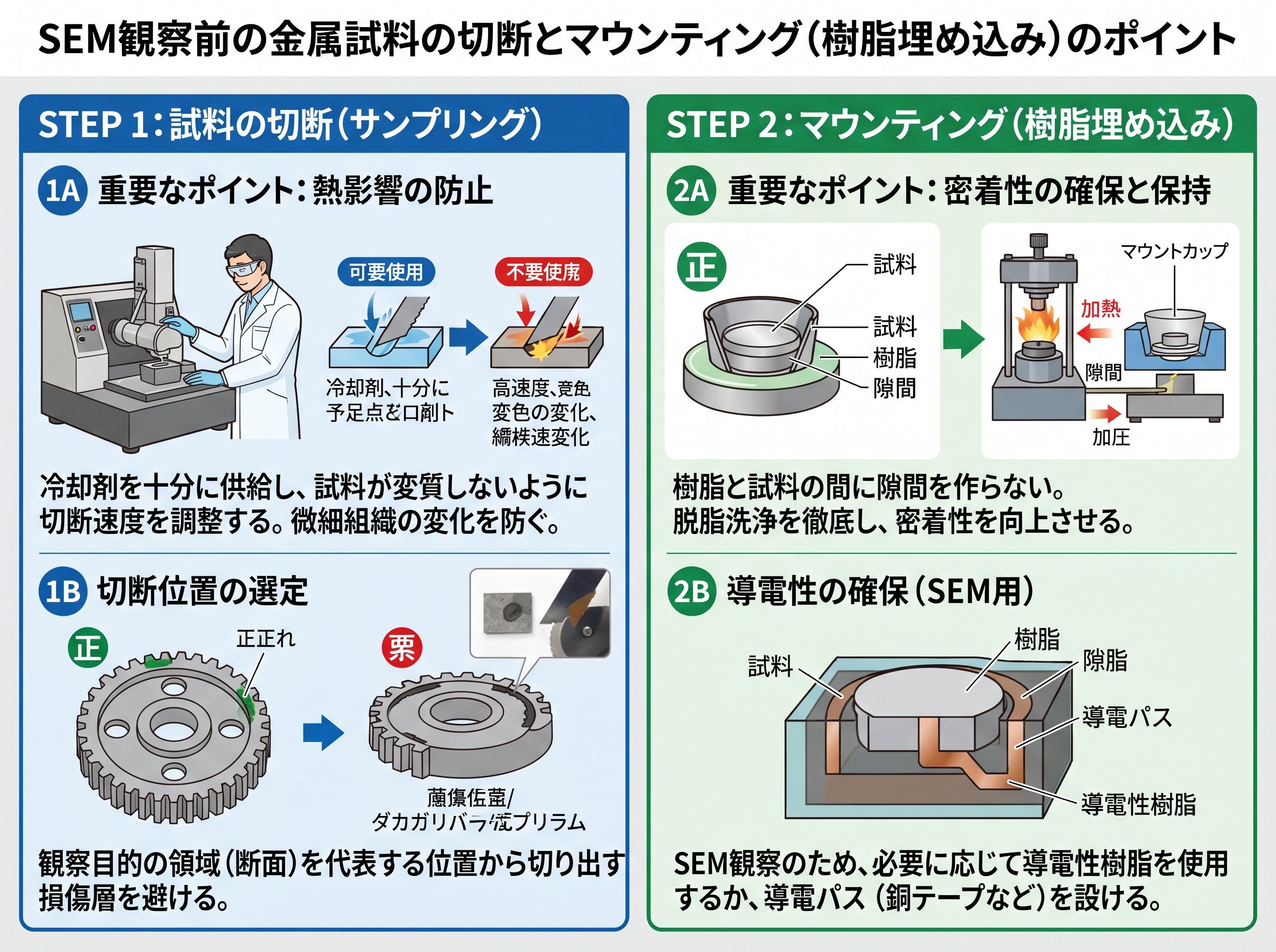 SEM観察前の金属試料の切断とマウンティング(樹脂埋め込み)のポイント