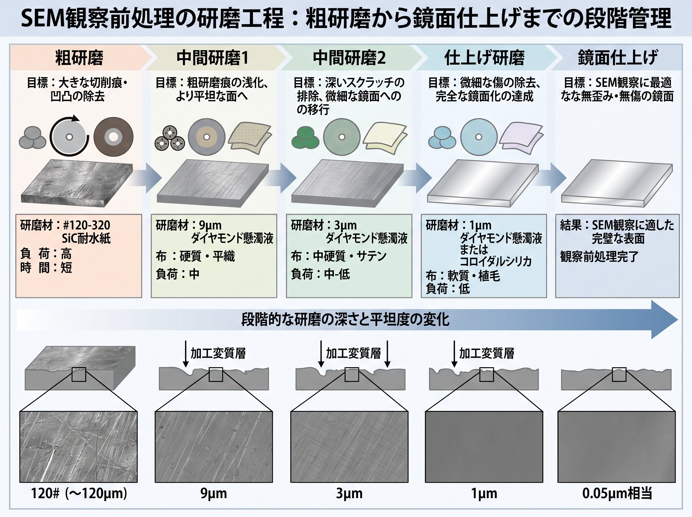 SEM観察前処理の研磨工程:粗研磨から鏡面仕上げまでの段階管理