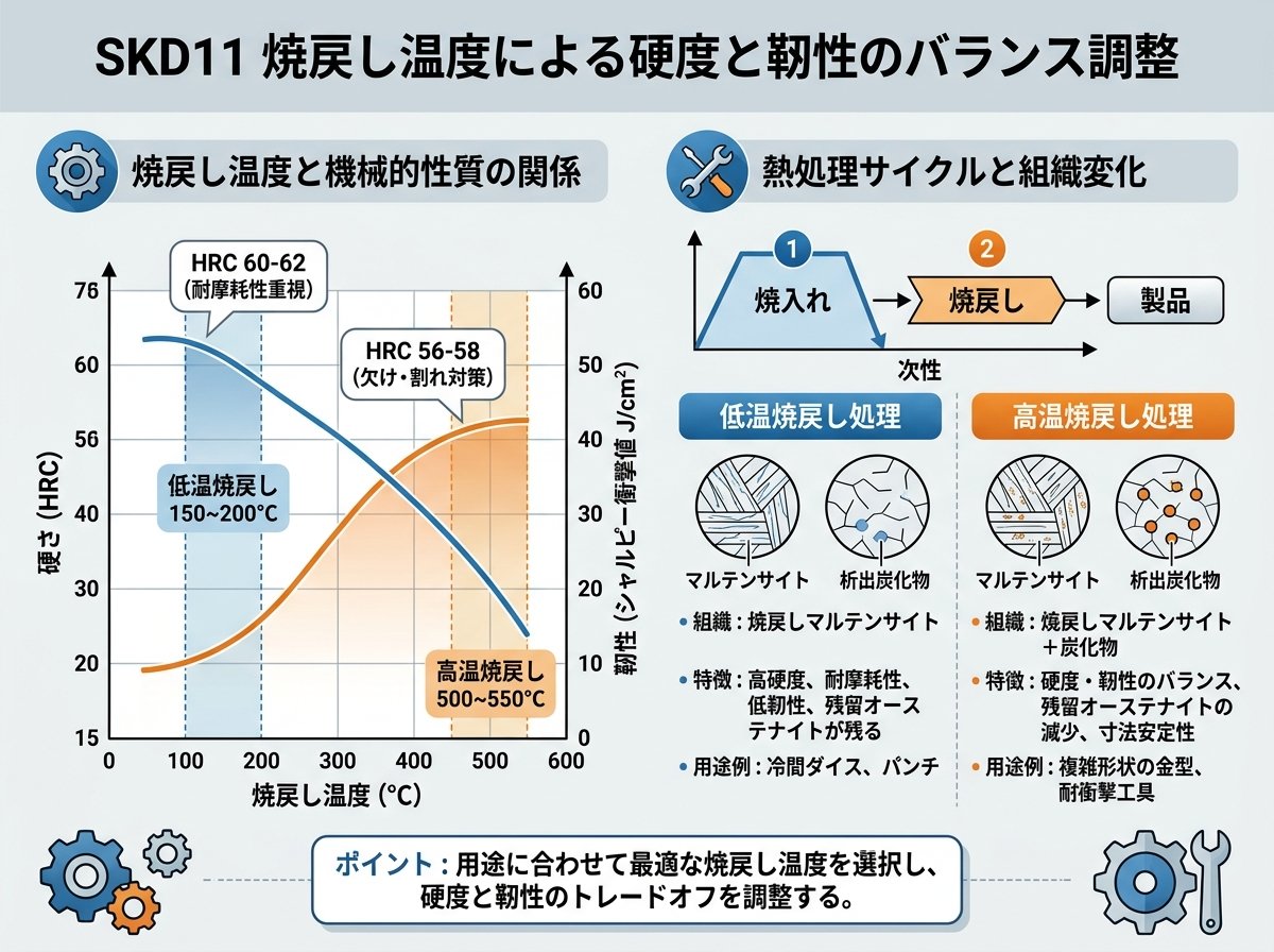 SKD11の焼戻し温度による硬度と靭性のバランス調整