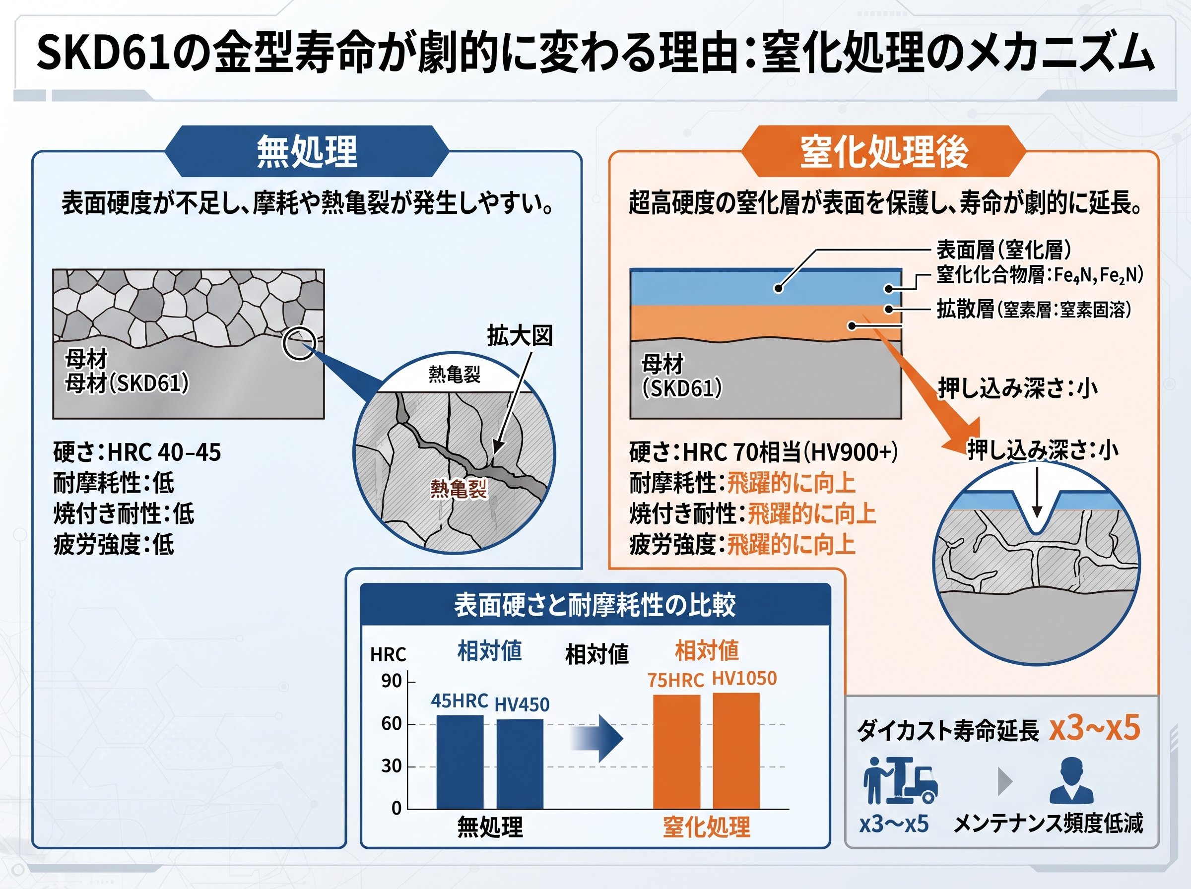 SKD61の硬度HRCに窒化処理を加えると金型寿命が劇的に変わる理由