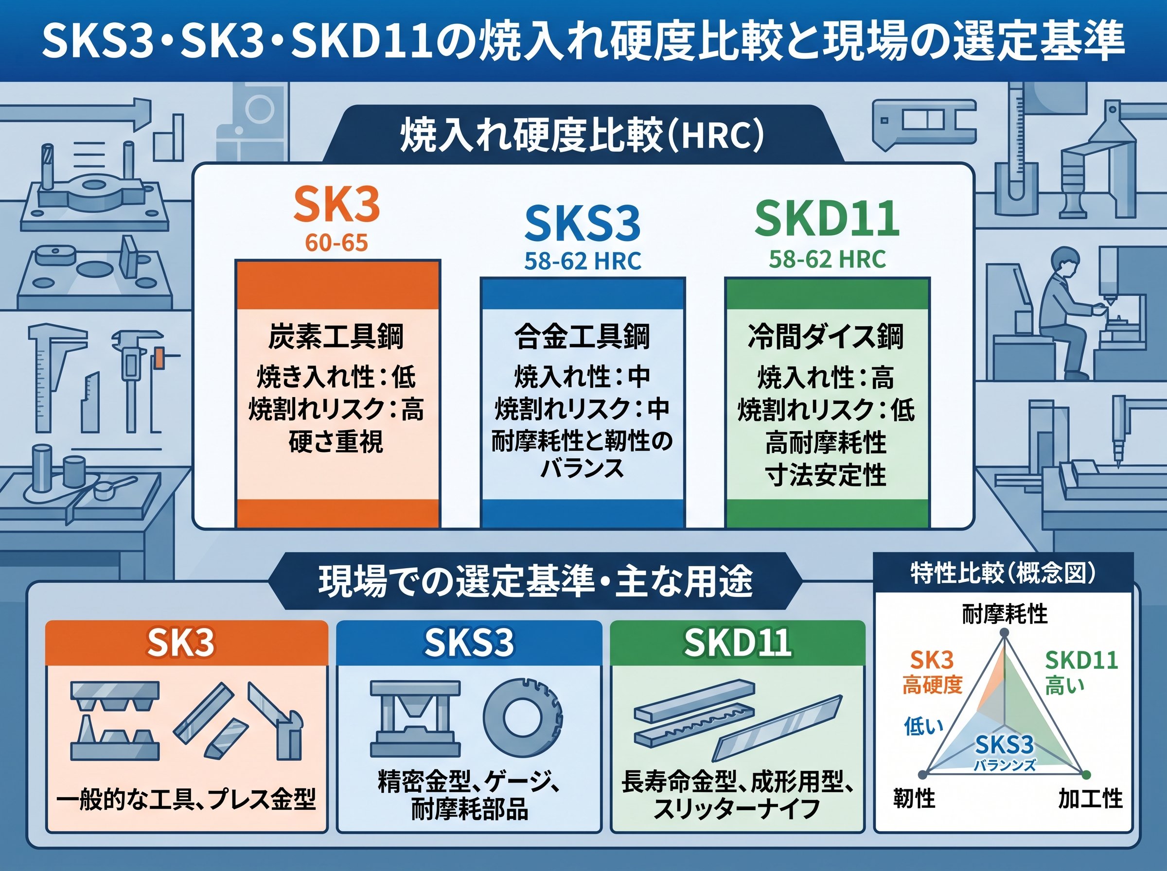 SKS3・SK3・SKD11の焼入れ硬度比較と現場の選定基準