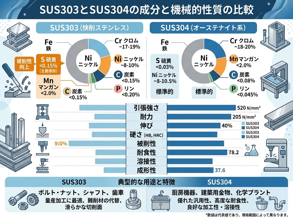 SUS303とSUS304の成分と機械的性質の比較