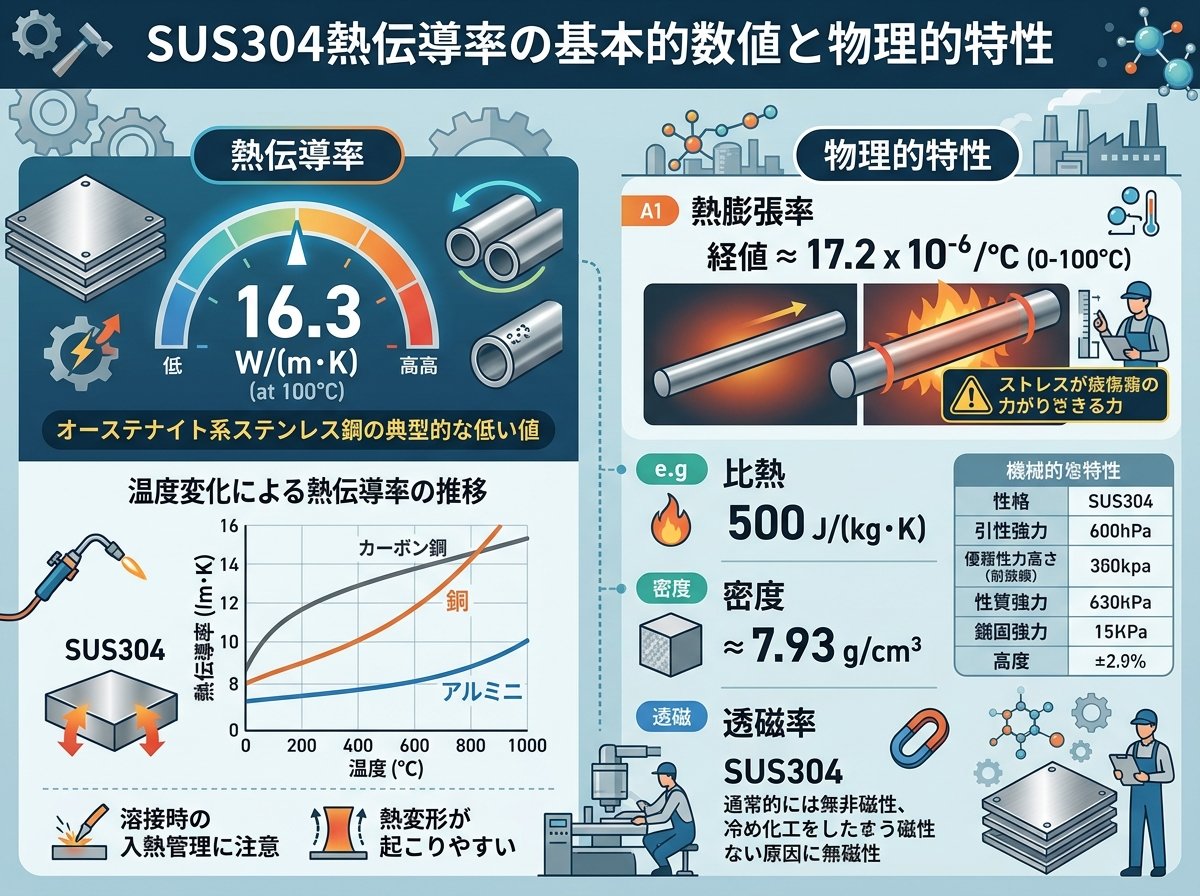 SUS304熱伝導率の基本的数値と物理的特性