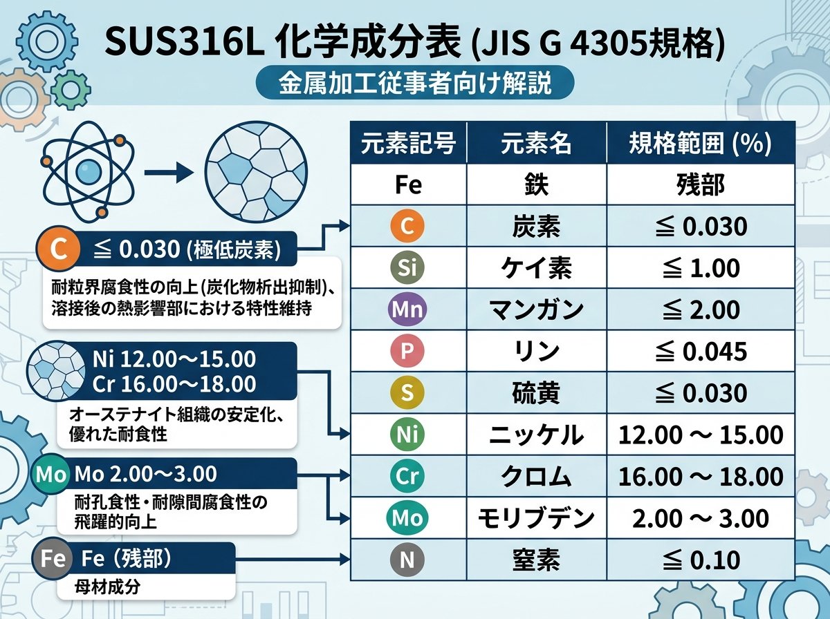 SUS316LのJIS規格（JIS G 4305）における化学成分表