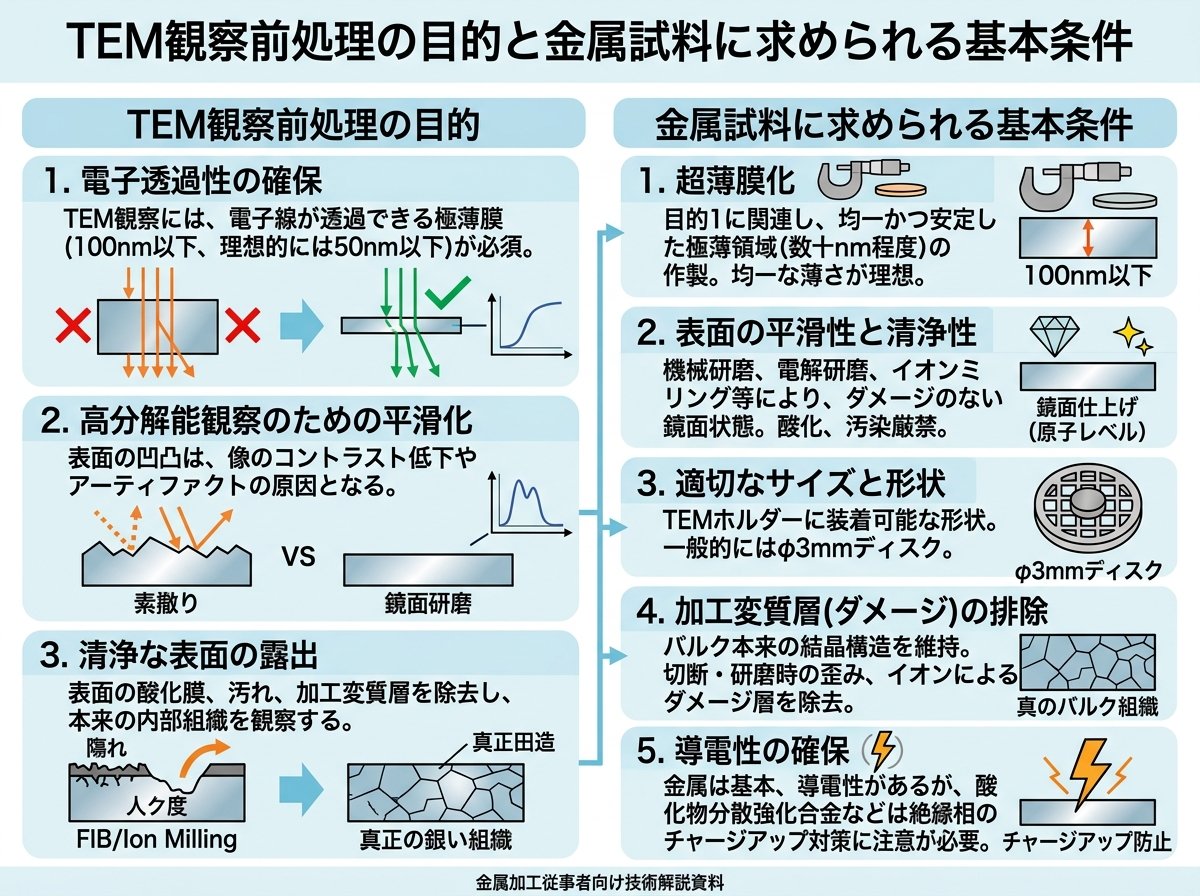 TEM観察前処理の目的と金属試料に求められる基本条件