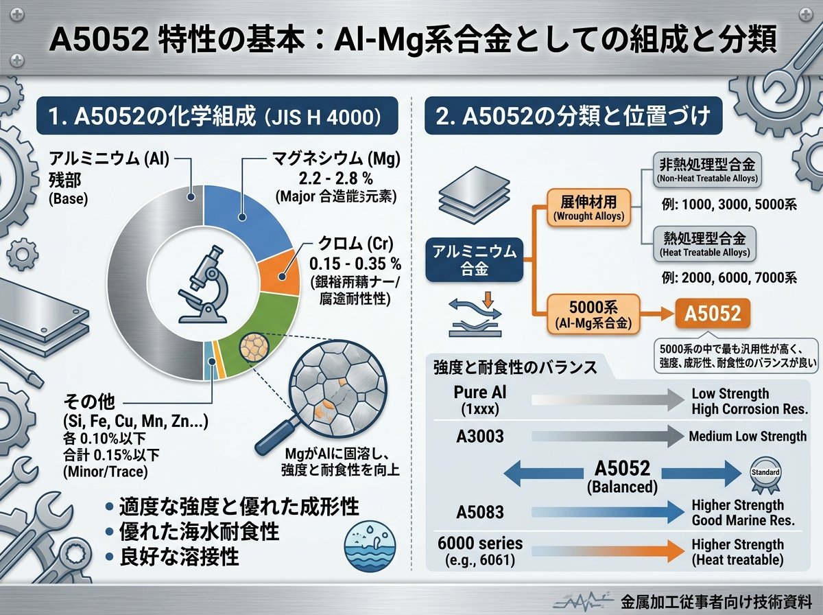 a5052 特性の基本:Al-Mg系合金としての組成と分類