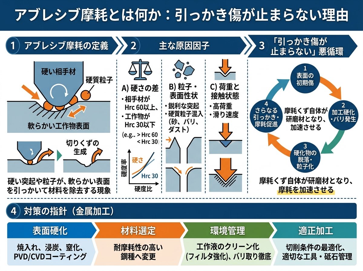 アブレシブ摩耗とは何か：引っかき傷が止まらない理由