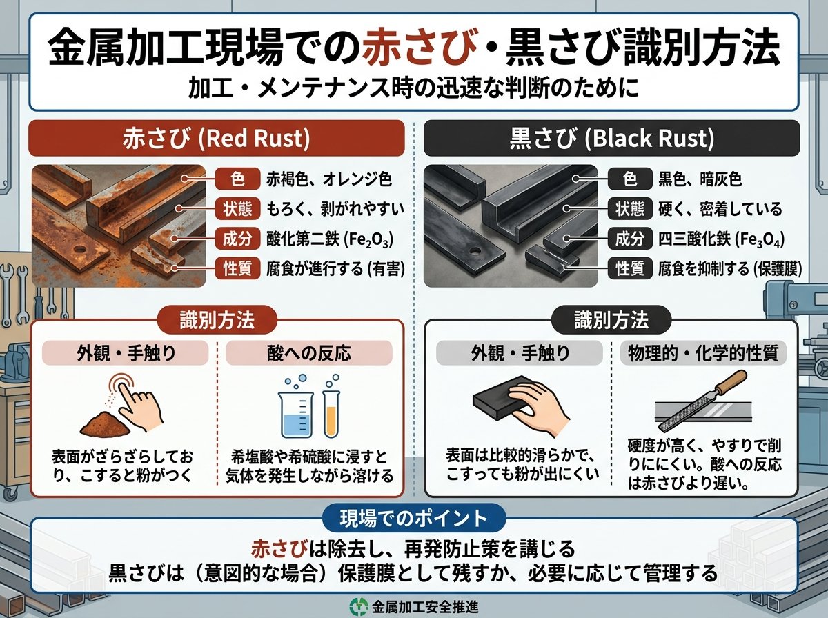 金属加工現場での赤さび黒さび識別方法