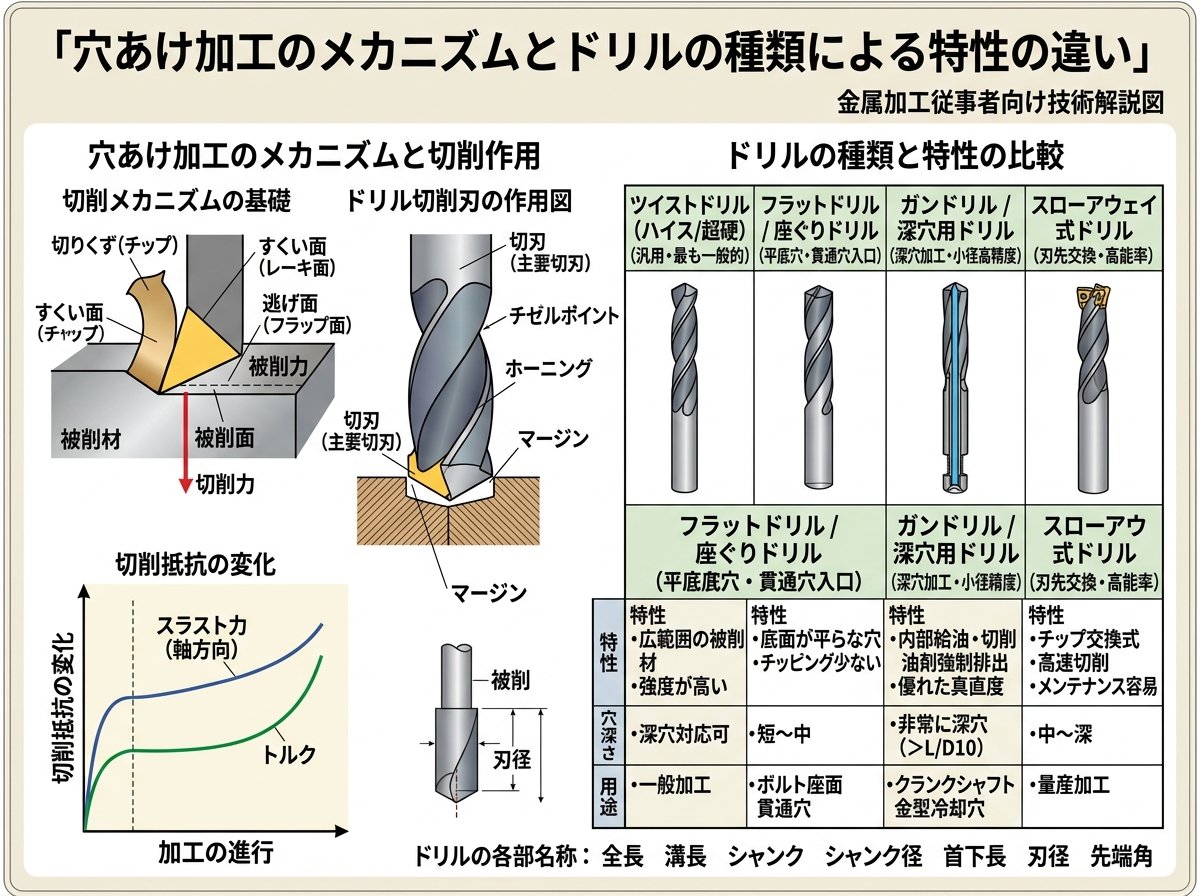 穴あけ加工のメカニズムとドリルの種類による特性の違い