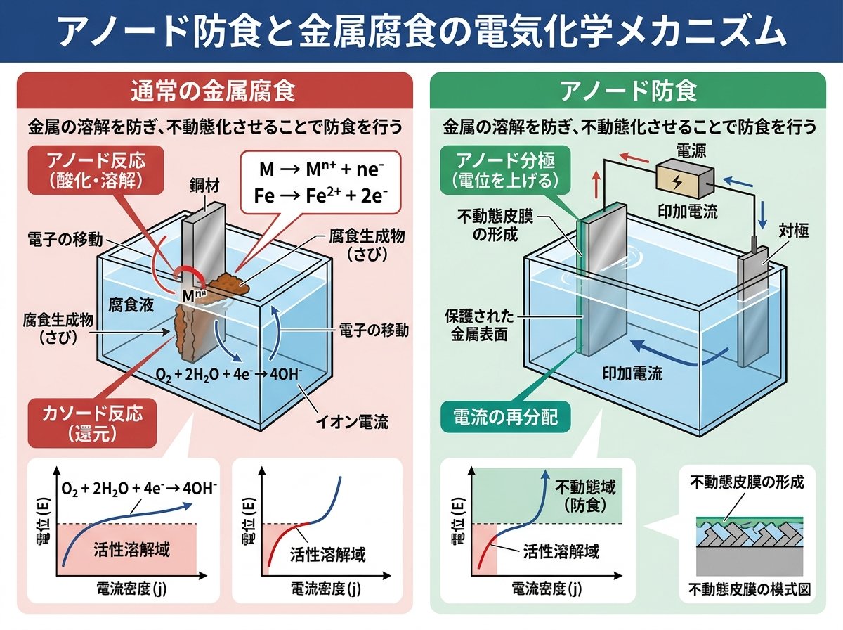 アノード防食と金属腐食の電気化学メカニズム