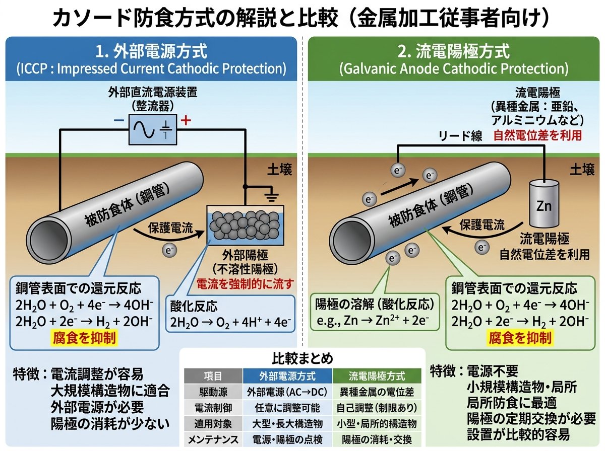 カソード防食の外部電源方式と流電陽極方式