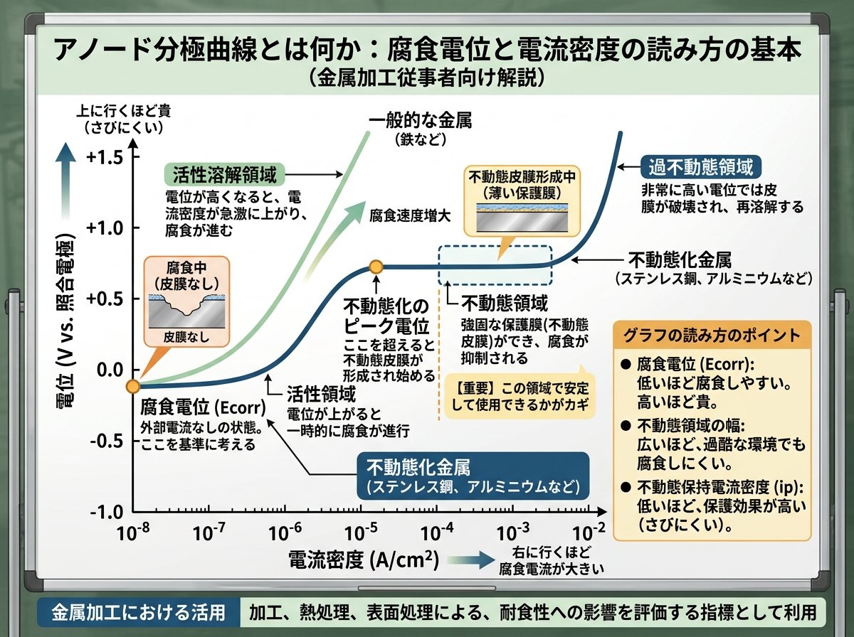 アノード分極曲線とは何か:腐食電位と電流密度の読み方の基本