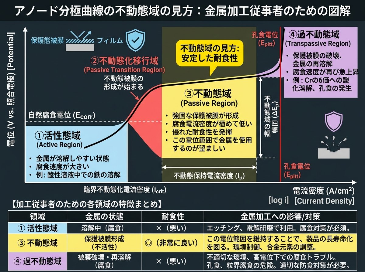 アノード分極曲線の不動態域の見方:活性態・不動態・過不動態の3領域