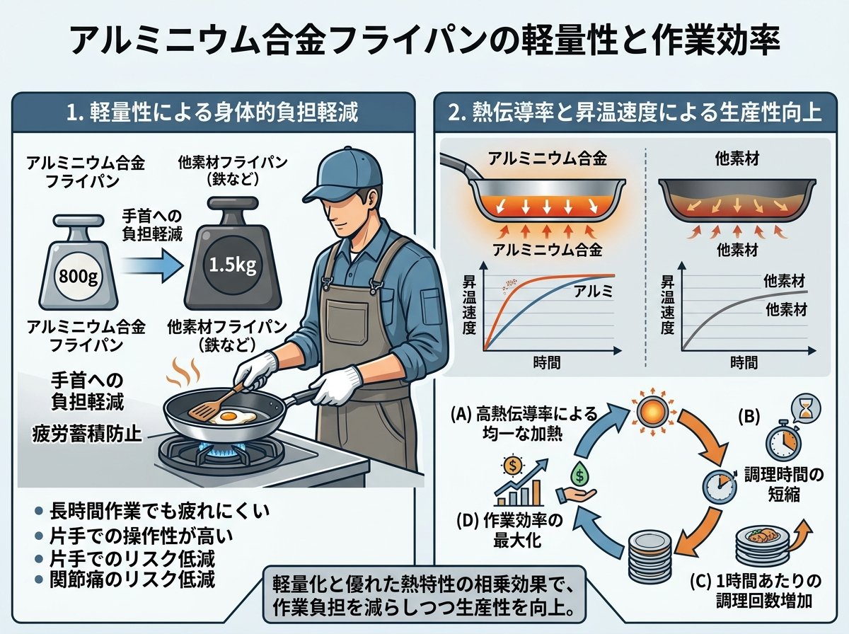 アルミニウム合金フライパンの軽量性と作業効率