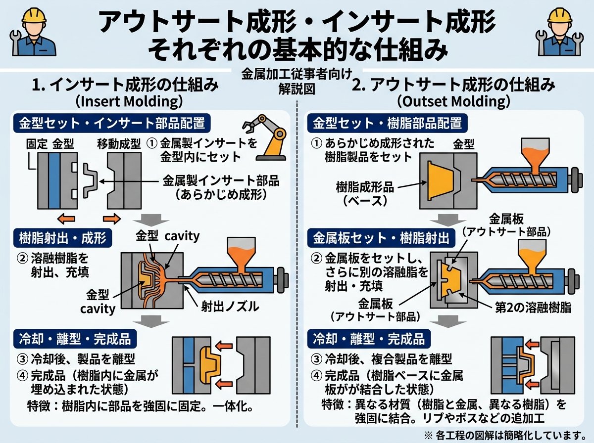 アウトサート成形・インサート成形それぞれの基本的な仕組み