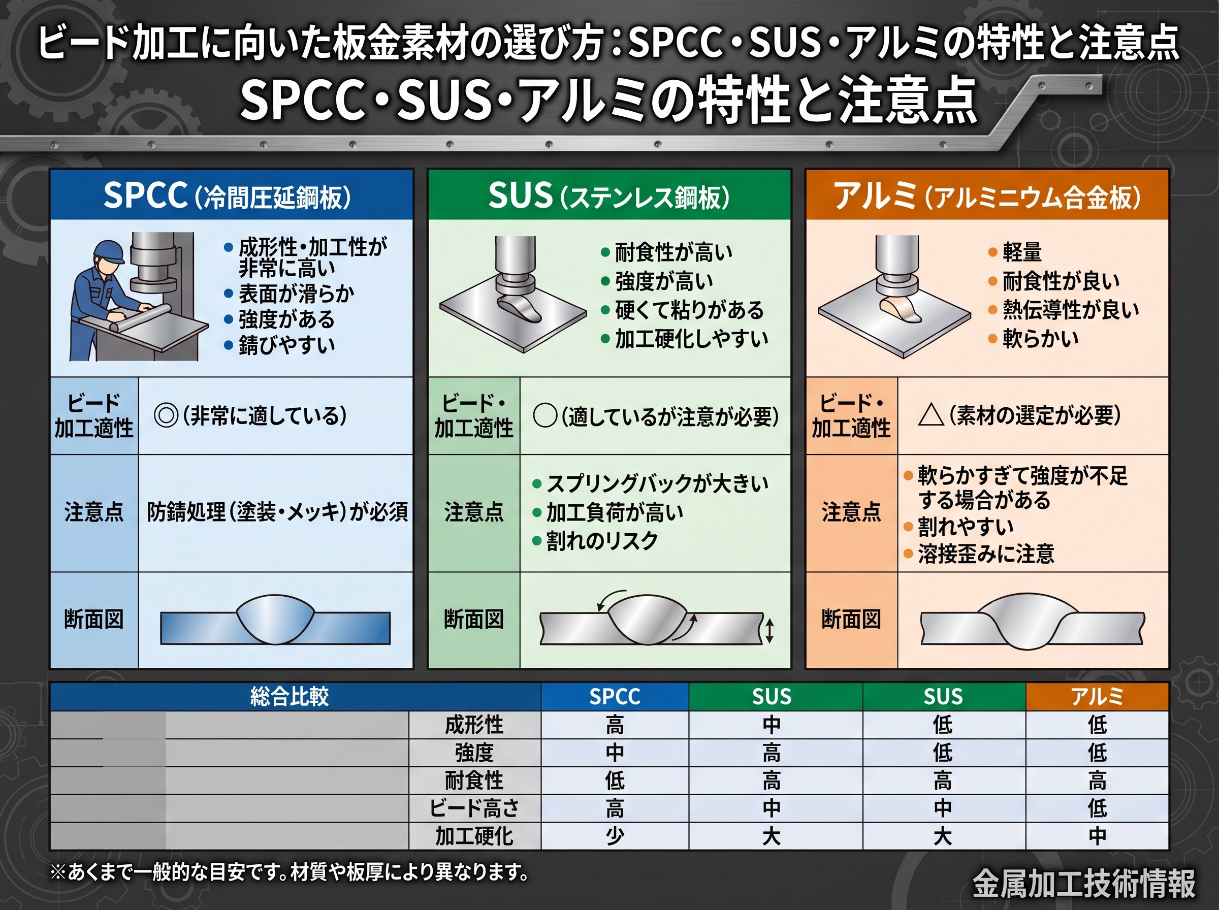 ビード加工に向いた板金素材の選び方:SPCC・SUS・アルミの特性と注意点