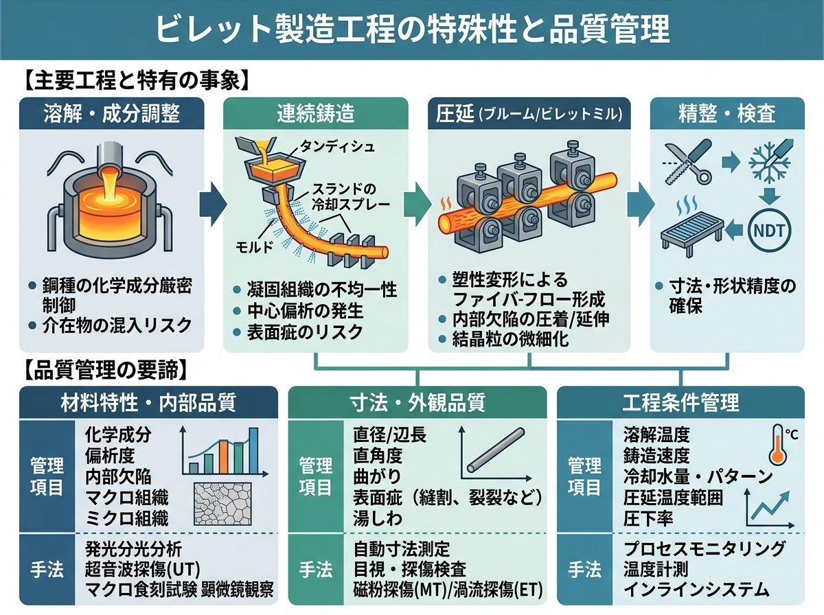 ビレット製造工程の特殊性と品質管理
