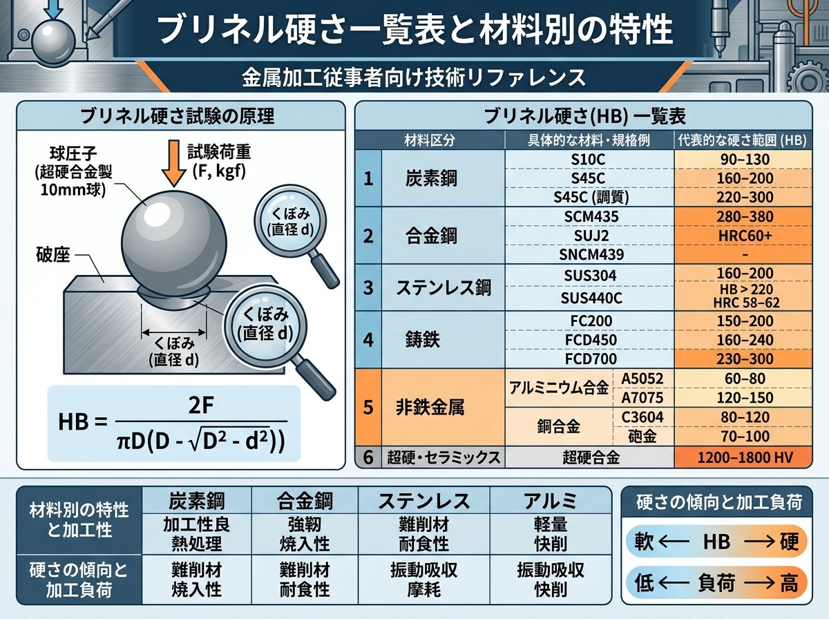 ブリネル硬さ一覧表と材料別の特性