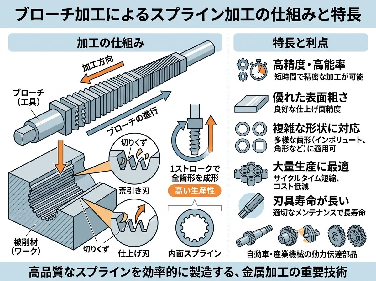 ブローチ加工によるスプライン加工の仕組みと特長
