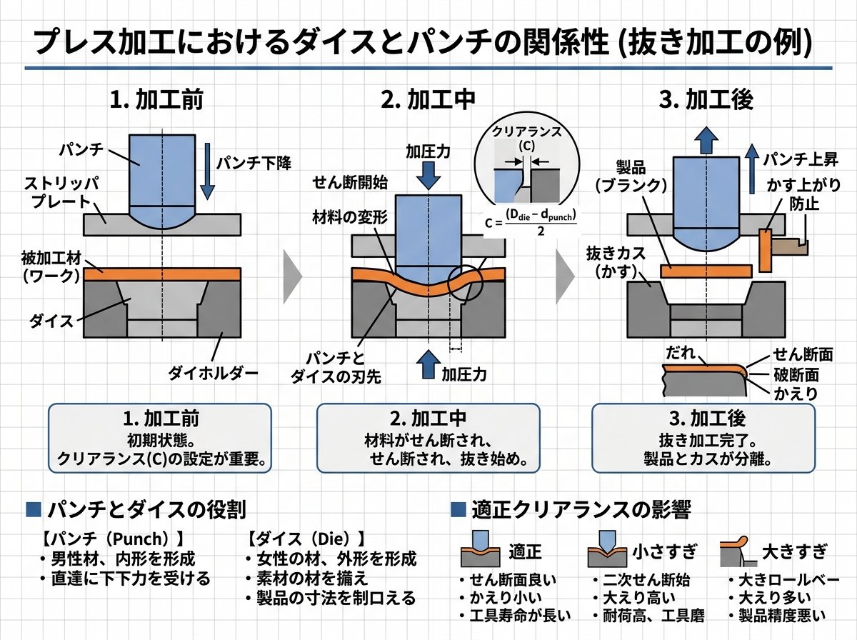 プレス加工におけるダイスとパンチの関係性