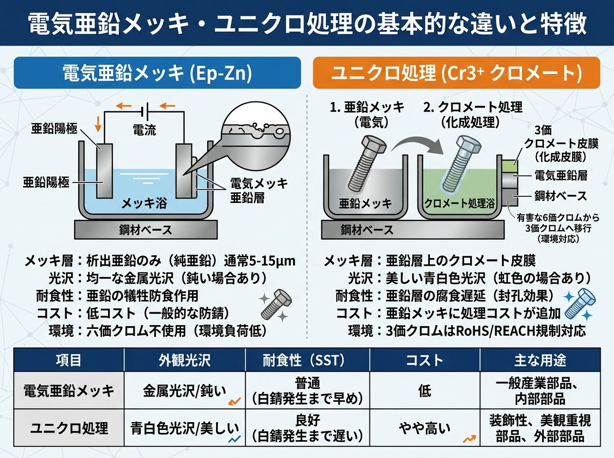 電気亜鉛メッキ ユニクロ処理の基本的な違いと特徴