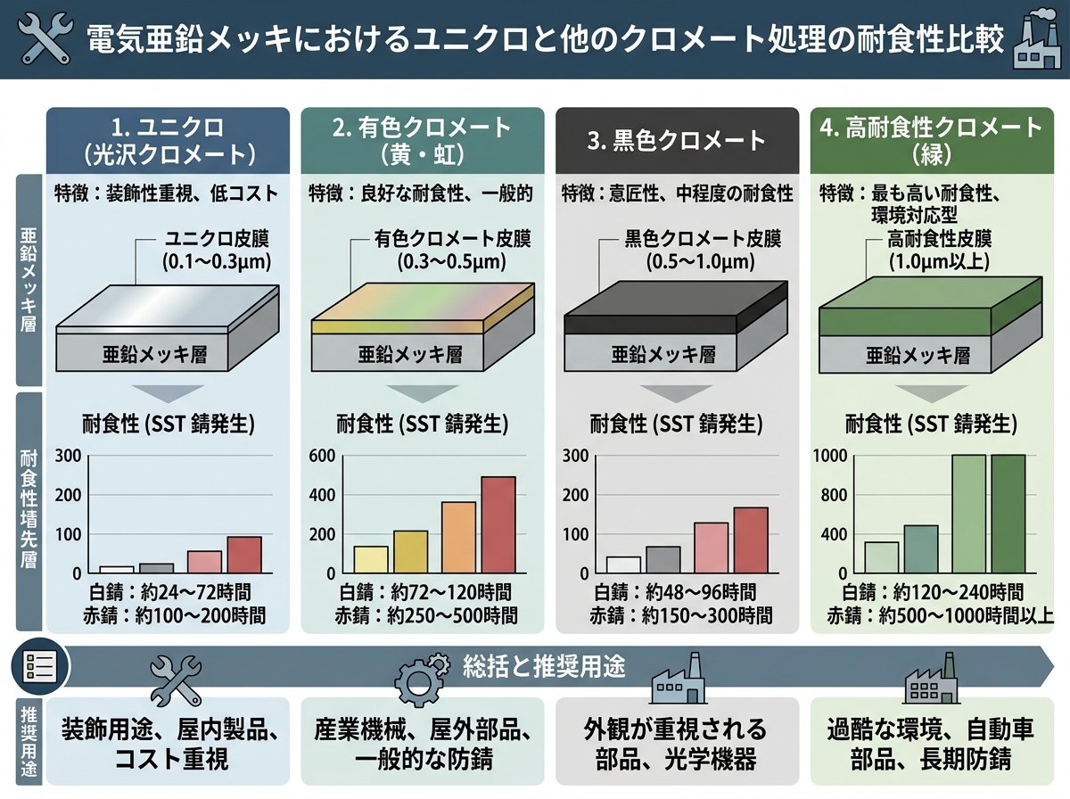 電気亜鉛メッキにおけるユニクロと他のクロメート処理の耐食性比較