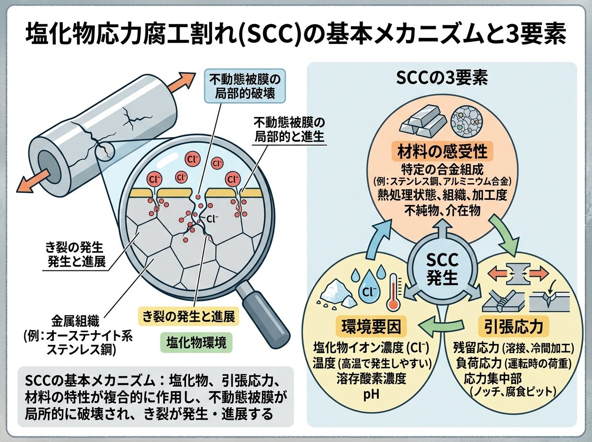 塩化物応力腐食割れ(SCC)の基本メカニズムと3要素