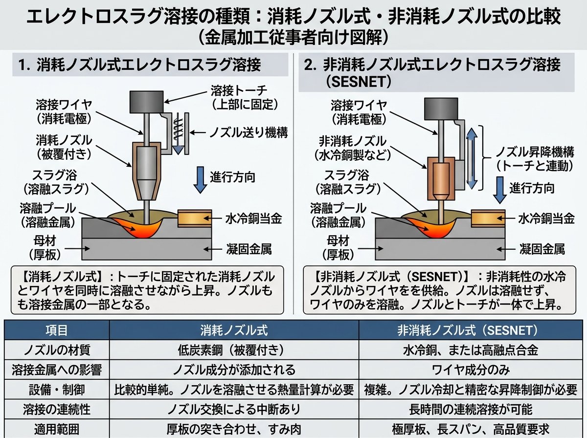 エレクトロスラグ溶接の種類：消耗ノズル式・非消耗ノズル式（SESNET）の違い