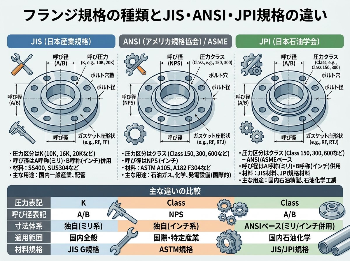 フランジ規格の種類とJIS・ANSI・JPI規格の違い