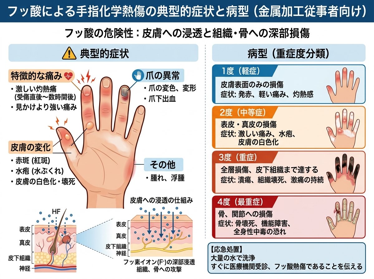 フッ酸による手指化学熱傷の典型的症状と病型