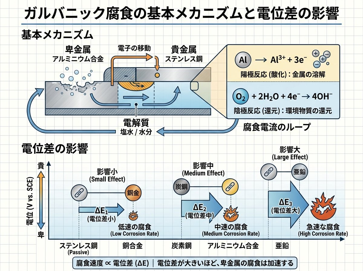ガルバニック腐食の基本メカニズムと電位差の影響