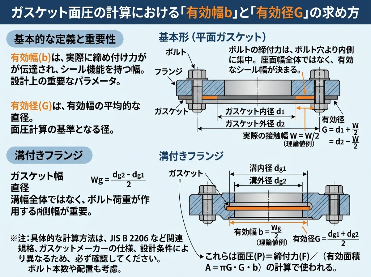 ガスケット面圧の計算における「有効幅b」と「有効径G」の求め方