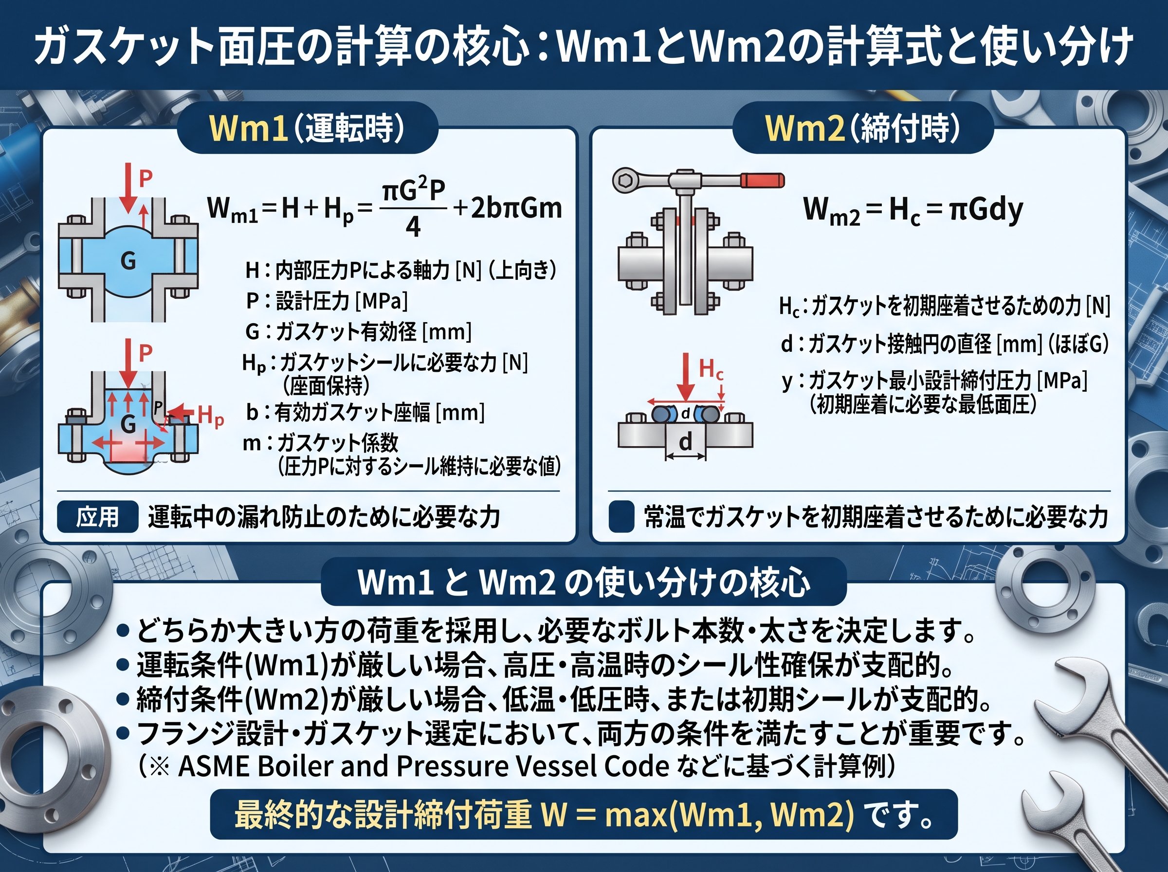 ガスケット面圧の計算の核心：Wm1とWm2の計算式と使い分け