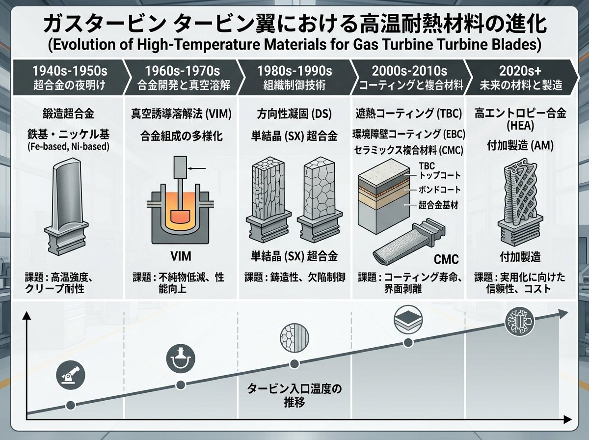 ガスタービン タービン翼における高温耐熱材料の進化