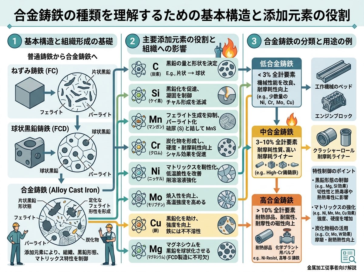 合金鋳鉄の種類を理解するための基本構造と添加元素の役割