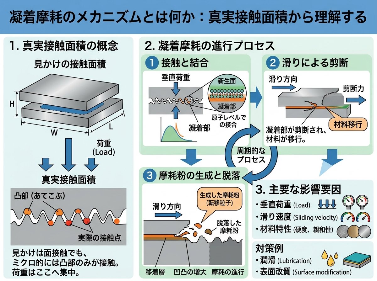 凝着摩耗のメカニズムとは何か：真実接触面積から理解する