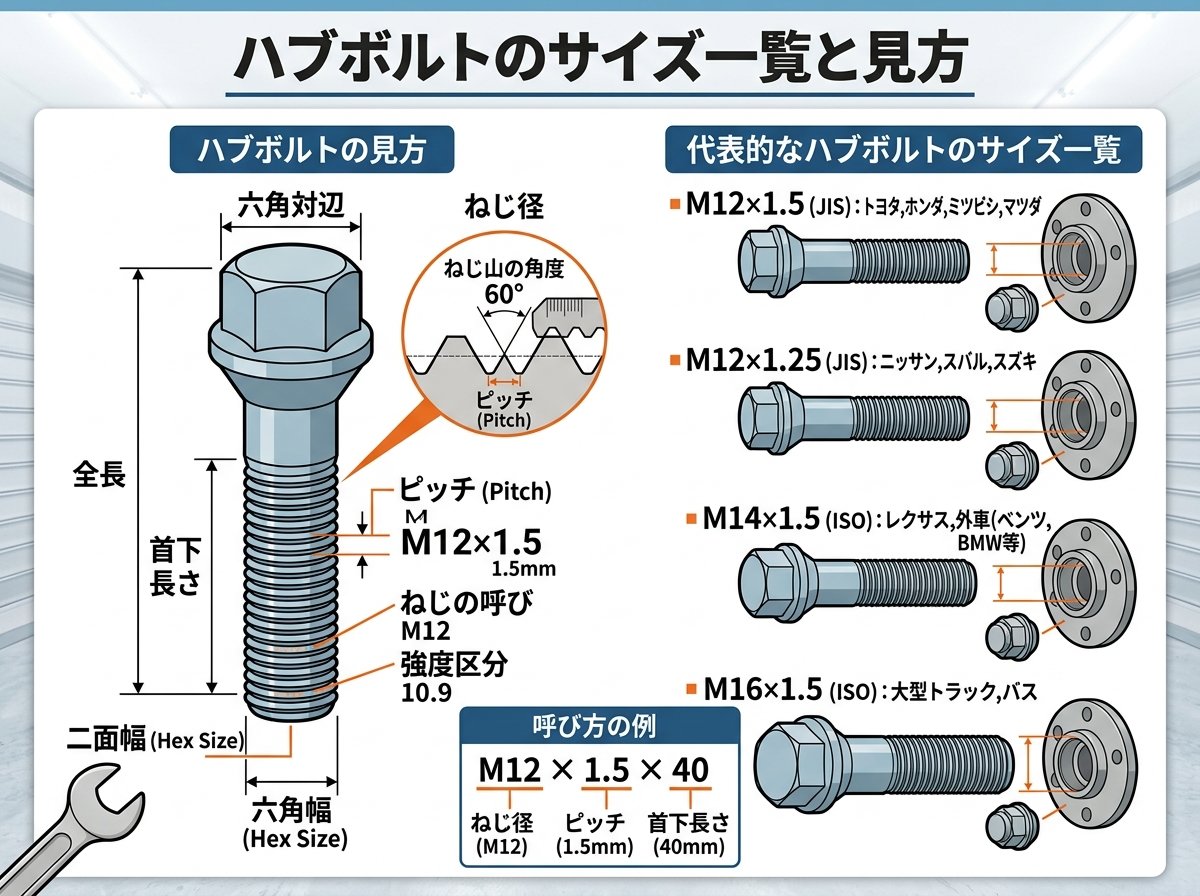 ハブボルトのサイズ一覧と見方について
