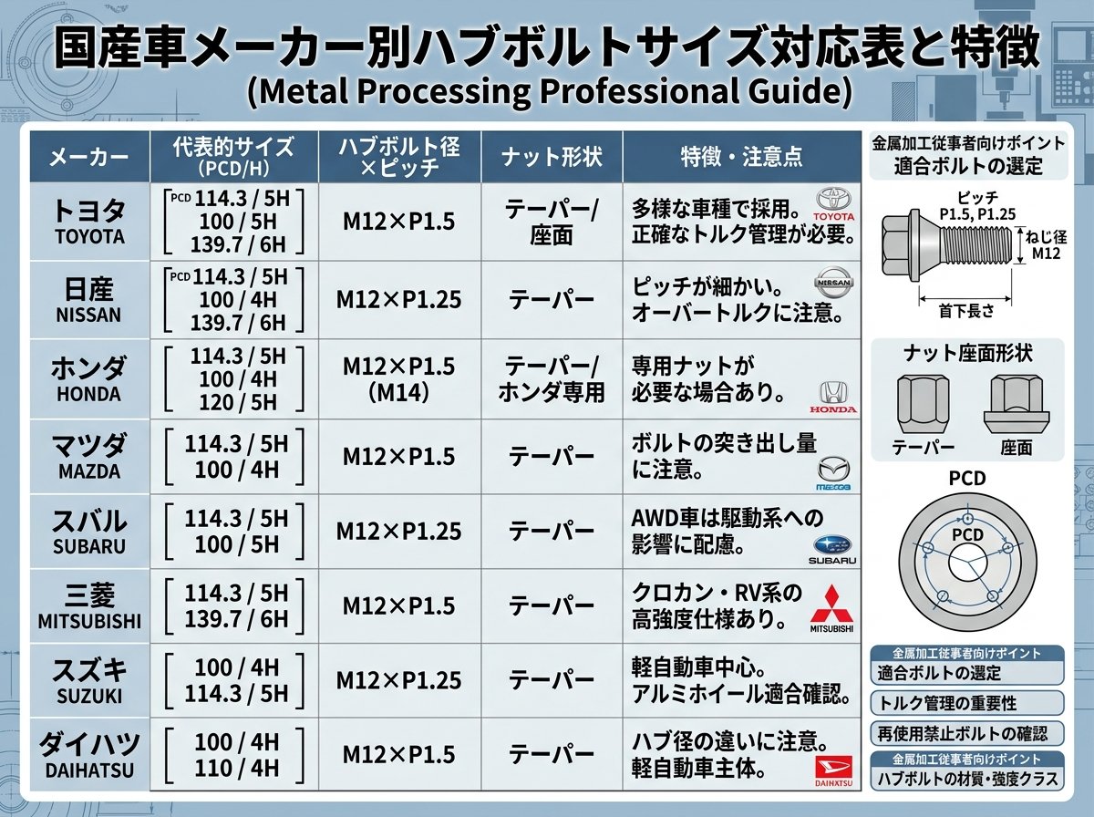 国産車メーカー別ハブボルトサイズ対応表と特徴
