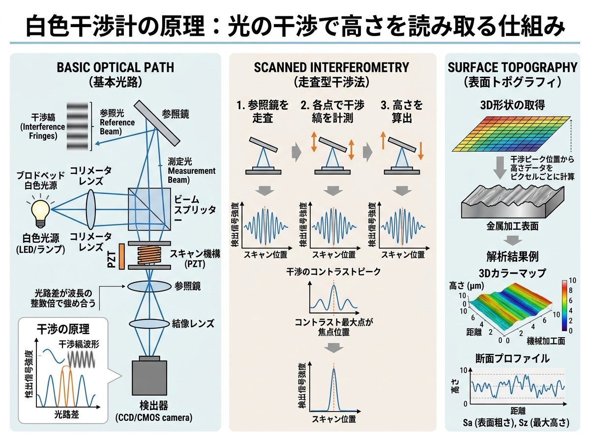 白色干渉計の原理:光の干渉で高さを読み取る仕組み