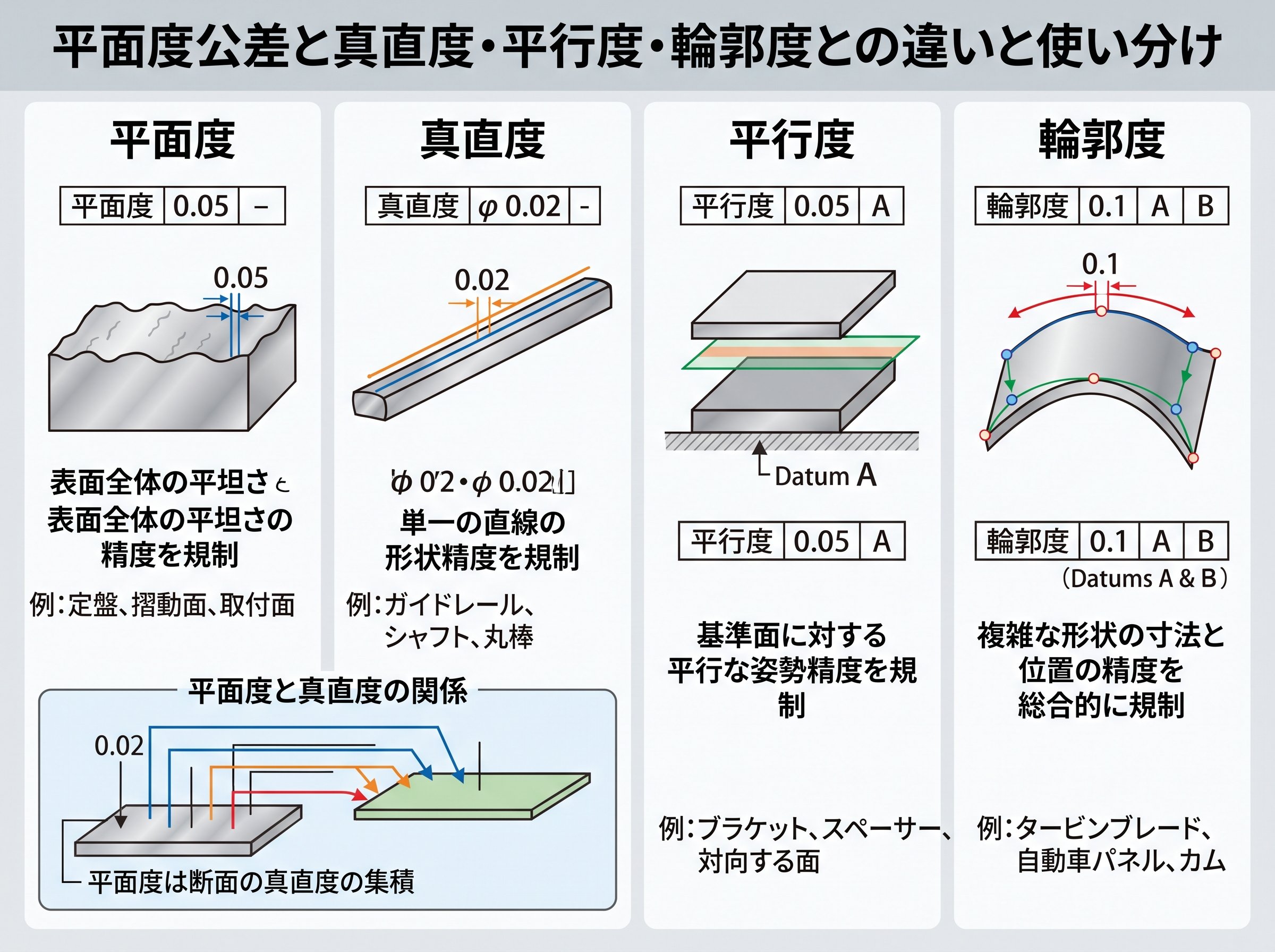 平面度公差と真直度・平行度・輪郭度との違いと使い分け