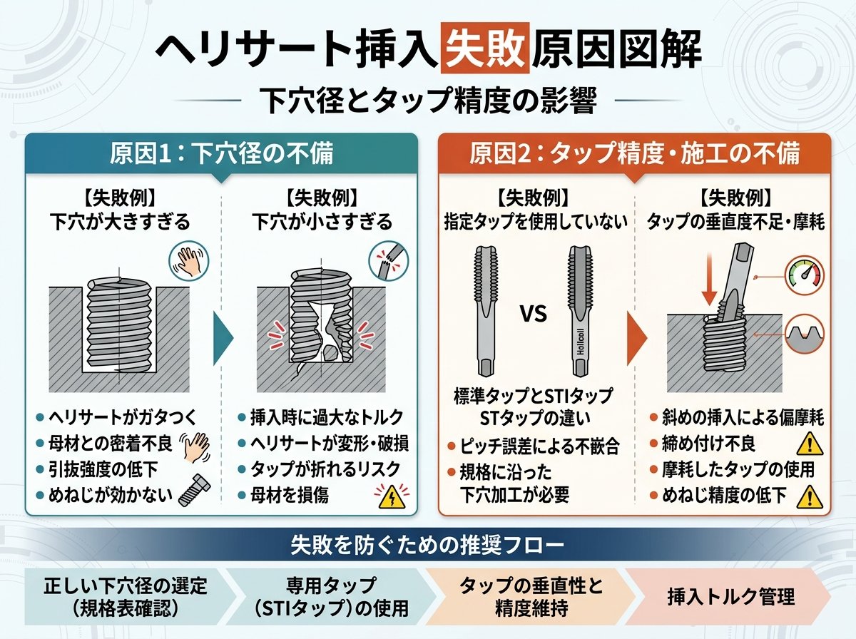 ヘリサート挿入 失敗 原因 下穴径とタップ精度