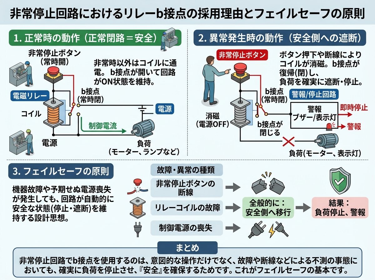 非常停止回路でリレーにb接点を使う理由とフェイルセーフの原則
